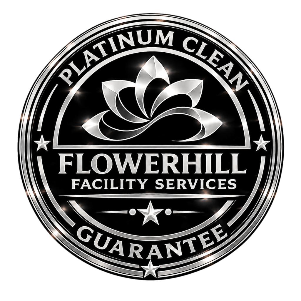 FlowerHill Facility Services Platinum Clean guarantee logo with flower design and service area details.