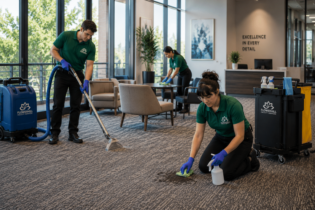 FlowerHill Facility Services team providing deep carpet care and spot removal in Dallas commercial office.
