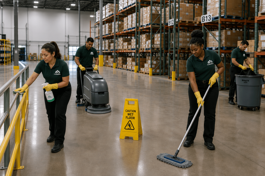 FlowerHill Facility Services team cleaning a large industrial warehouse floor and loading dock.