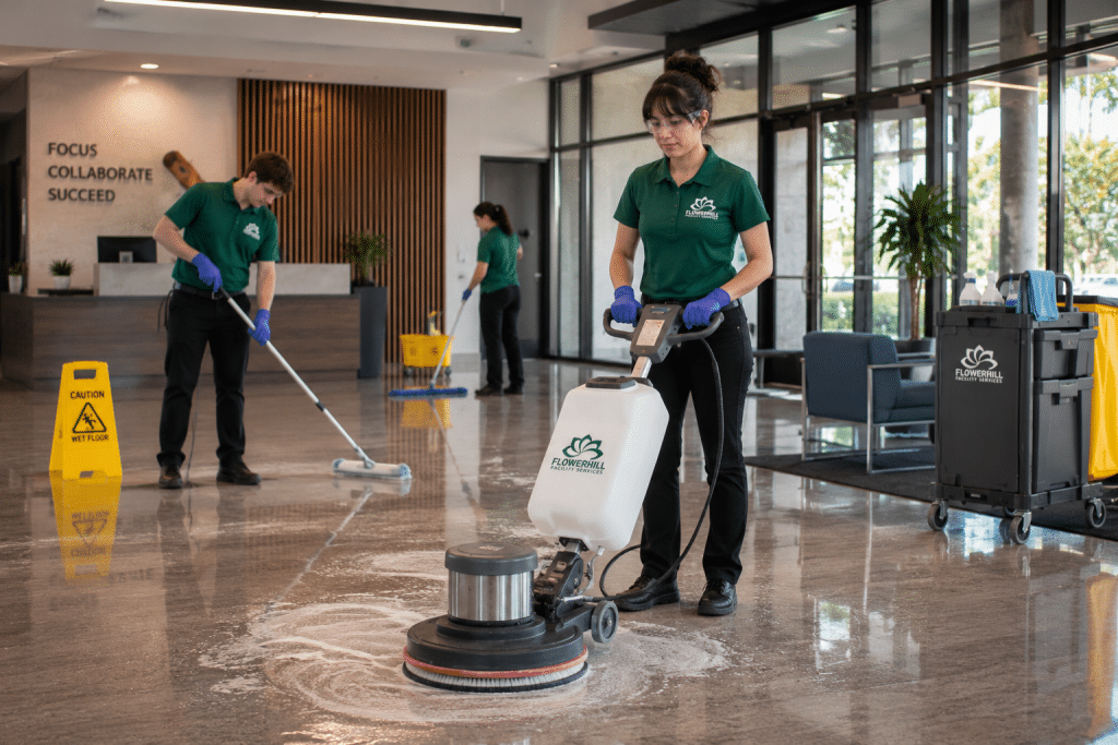 FlowerHill cleaning team professionally stripping and maintaining hard floors in a commercial facility.