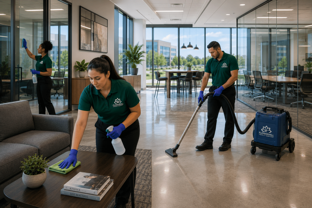 FlowerHill cleaning crew maintaining a polished commercial office space in Carrollton, TX.