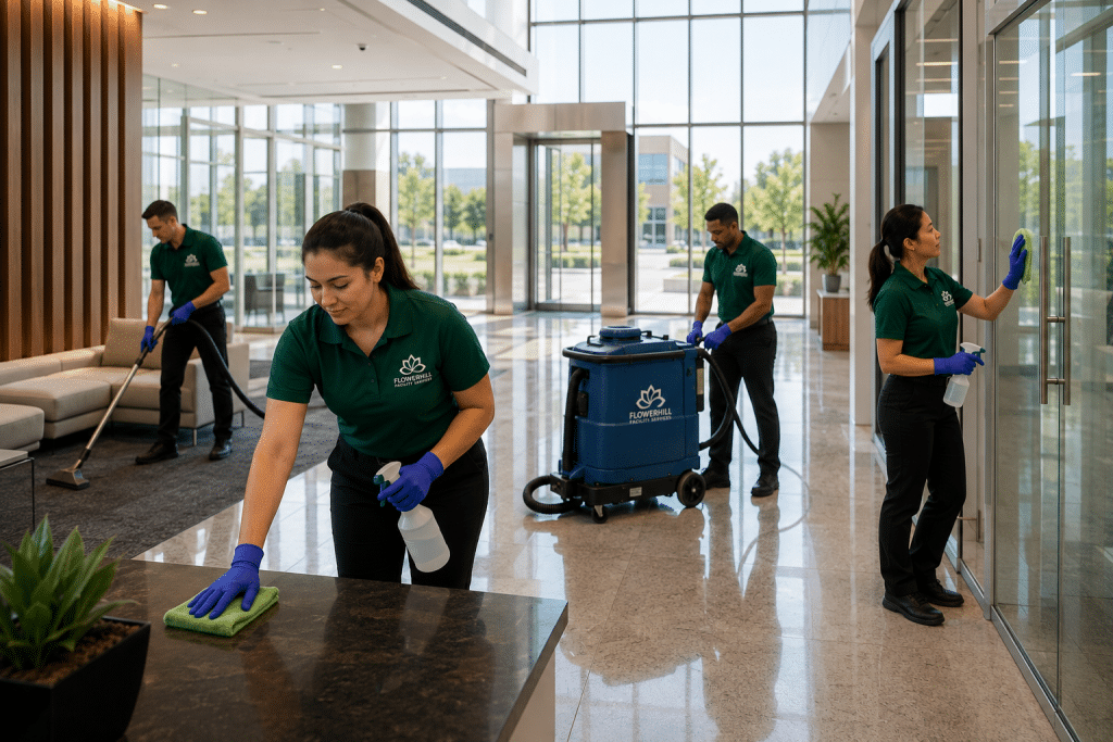 FlowerHill cleaning team maintaining a spotless commercial office space in Coppell, TX.