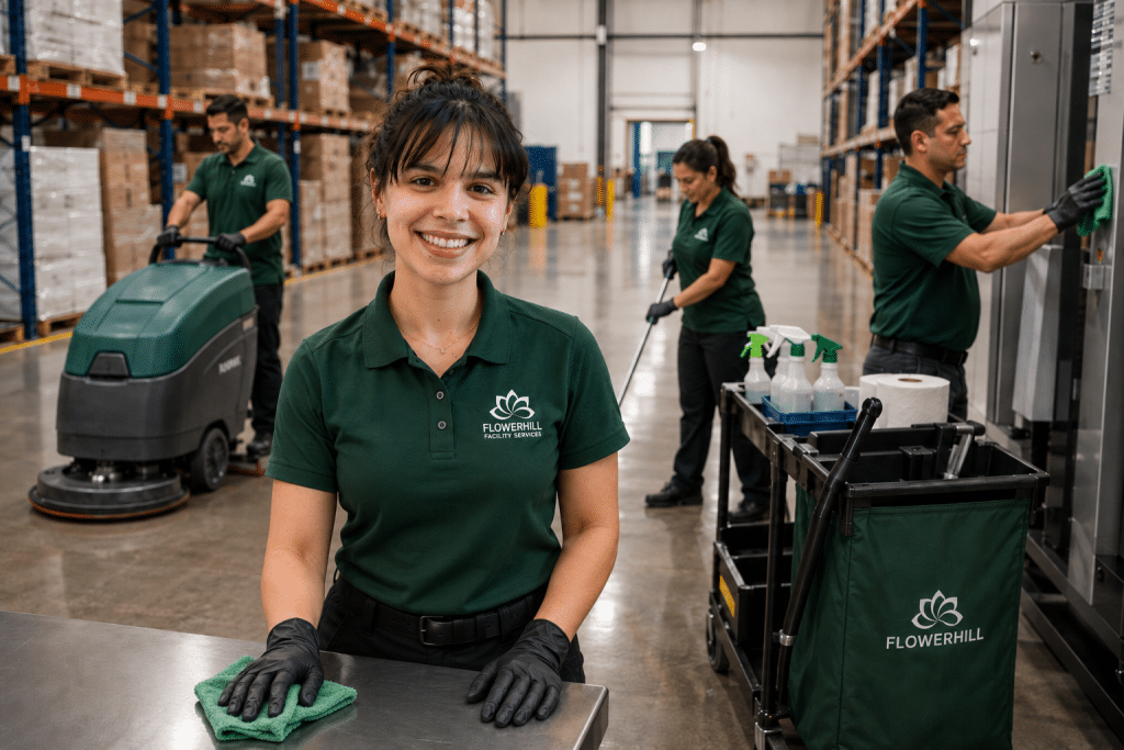 FlowerHill Facility Services team cleaning a warehouse and industrial facility.